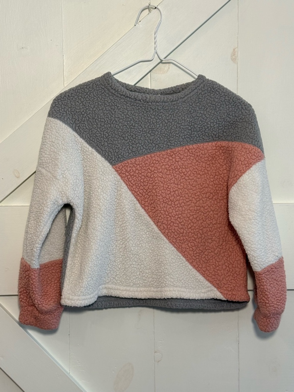 SHEIN Girls 9Y Color Block Sherpa Fleece Pullover Sweatshirt Gray Pink Cream